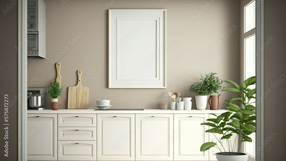 Fototapeta premium Minimal Kitchen Interior, white photo frame with an image placeholder.