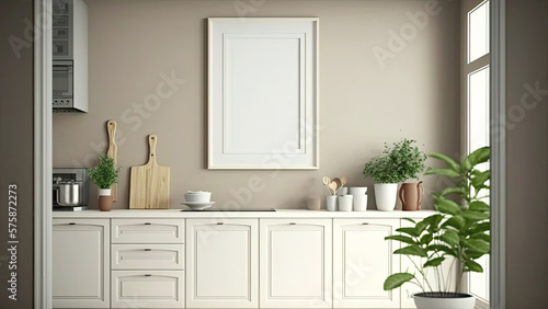 Minimal Kitchen Interior  white photo frame with an image placeholder.