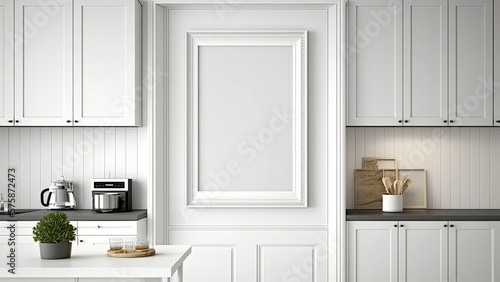 3D Composition of Minimalist Kitchen Interior And Blank Frame Mockup On Wall Panels.