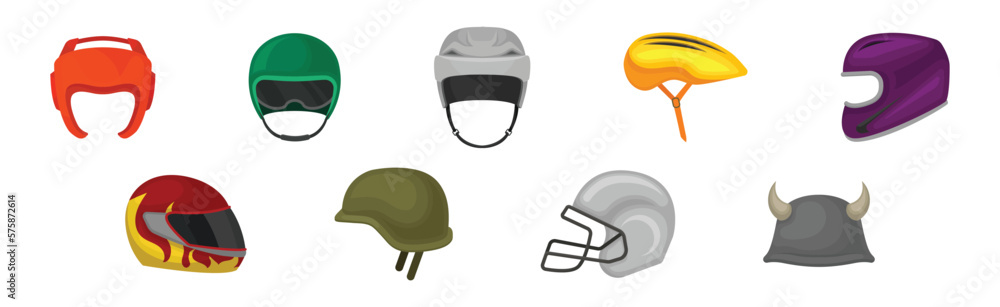 Different Helmet as Protective Head Covering Isolated on White Background Vector Set Different Helmet as Protective Head Covering Isolated on White Background Vector Set