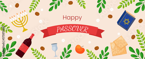 Vector Passover greeting card template banner. Pesach poster with matzo, wine bottle, candles, book, spring flowers on pink background. Jewish holiday horizontal invitation, flyer, brochure for event.