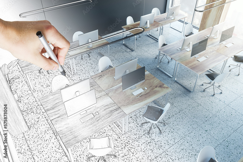 Póster Hand drawn sketch of modern coworking office room interior with ...