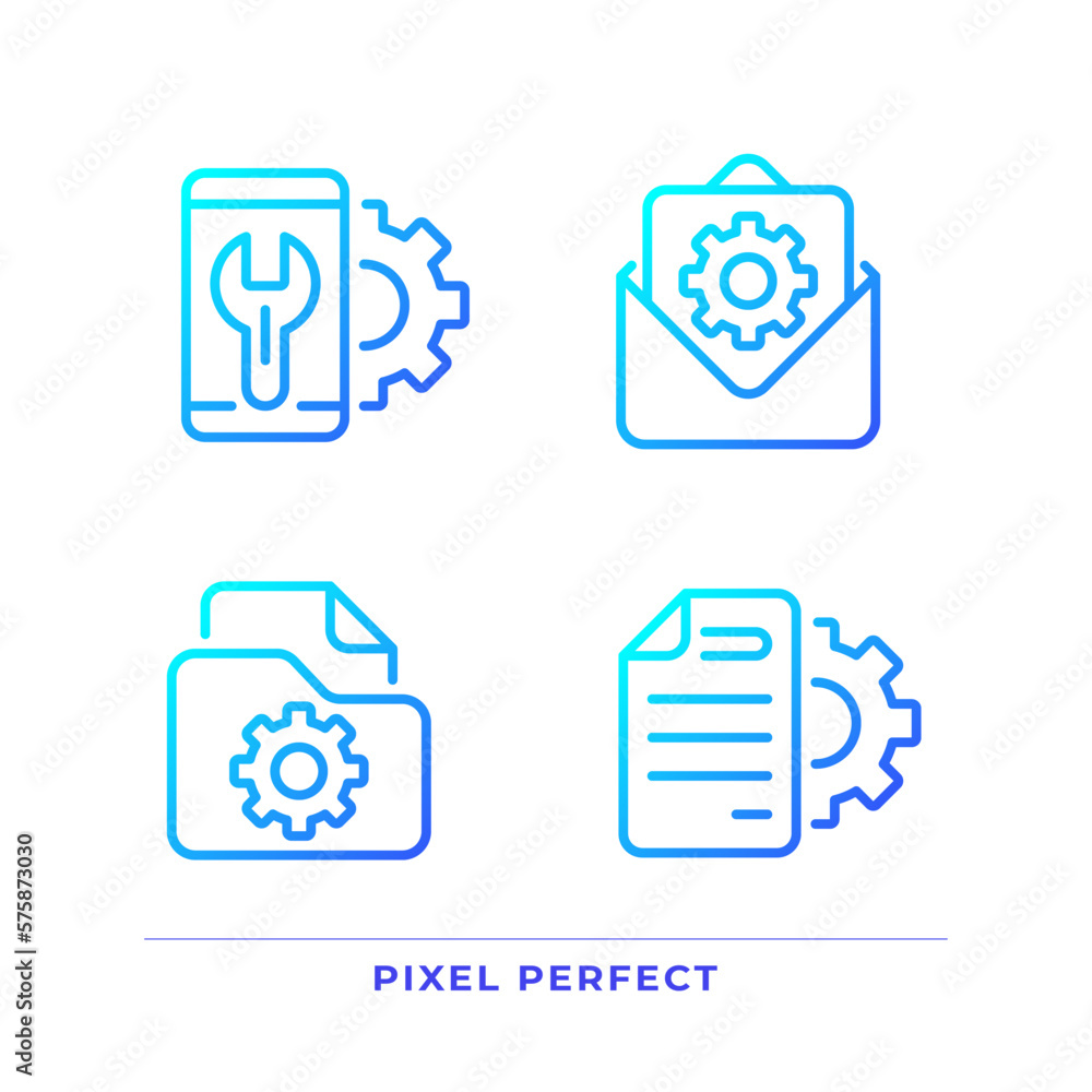 Configuration pixel perfect gradient linear vector icons set. Smartphone repair service. File management. Thin line contour symbol designs bundle. Isolated outline illustrations collection Configuration pixel perfect gradient linear vector icons set. Smartphone repair service. File management. Thin line contour symbol designs bundle. Isolated outline illustrations collection