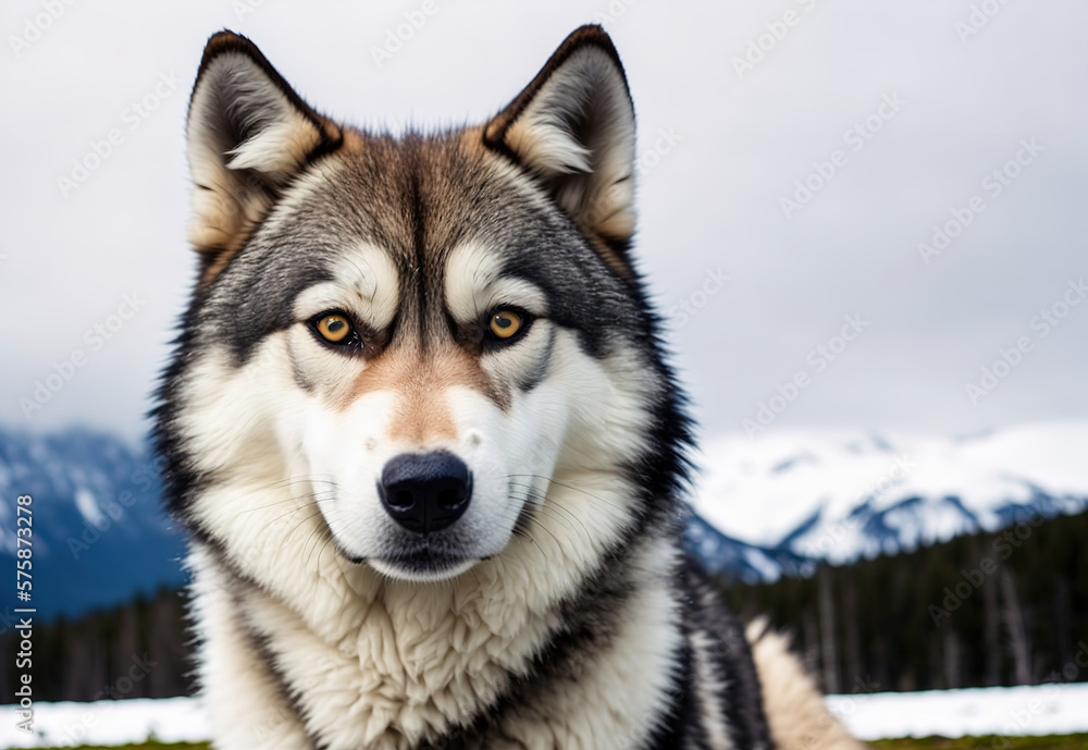 Grey Wolf face close-up in the Winter Landscape with copy space. Generative AI. Grey Wolf face close-up in the Winter Landscape with copy space. Generative AI.