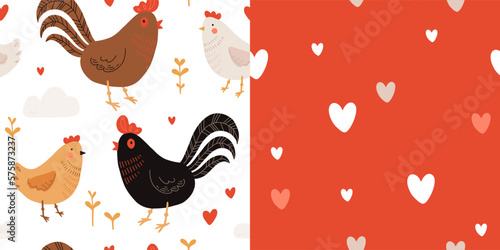 Seamless pattern with rooster, hen and chicks. Chicken with brood. Cute lovely family of domestic fowl or poultry birds. Childish flat cartoon vector illustration.