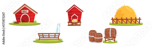 Farm Object with Dog House, Coop, Hay Stack, Water Basin and Wooden Barrel Vector Set