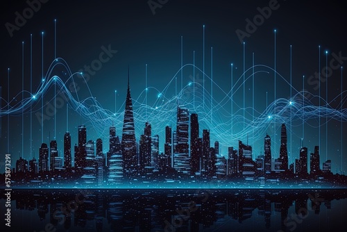 Interconnected futuristic city via wireless illustration in blue neon tones. Concept  Everything is connected with the internet of things.