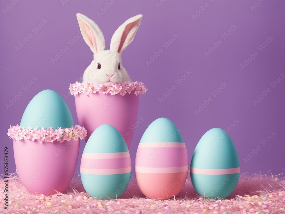 Festive Easter Bunny in Cup with Decorated Eggs Created with Generative AI and Other Techniques