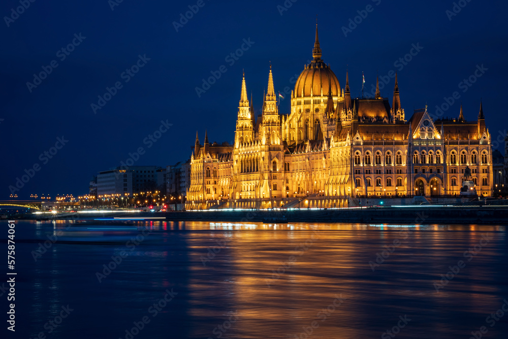 Hungarian Parliament building and Margit Hid, Margaret Bridge. Beautiful night-time view with reflection in Danube river, Budapest, Hungary. Long exposure.