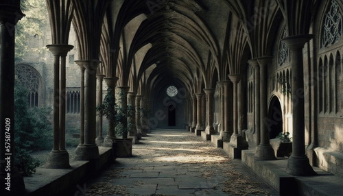Mystery school witchcraft wizardry yard hall old wizard dark interior fantasy background in dramatic gothic scene style magic creepy background. AI generative illustration.