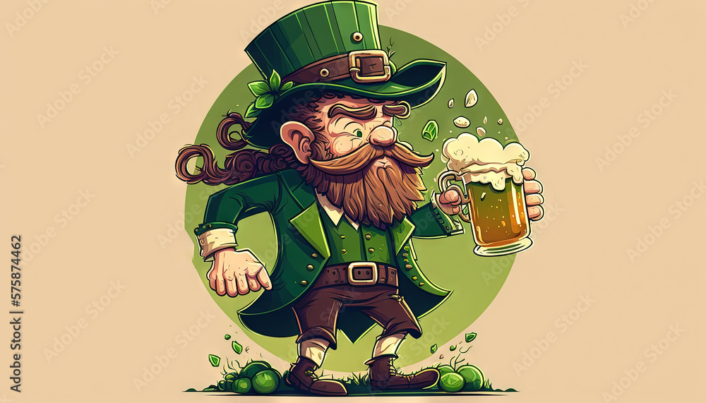 Fototapeta premium St.Patrick's Day celebration flat anime style background. Leprechaun man in green hat with green beer Generative ai