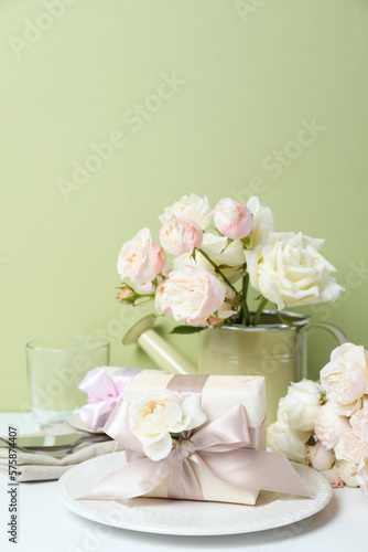 Concept of spring season table setting  space for text