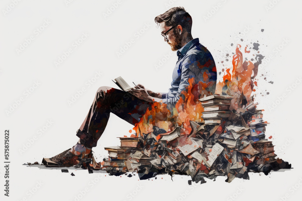 Man sitting on burning books, generative ai