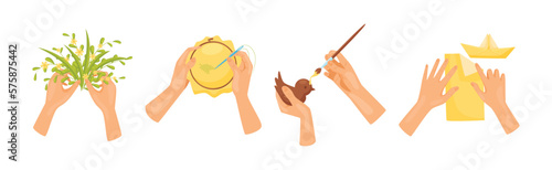 Hands Creating Craft Engaged in Creative Work at Handmade Workshop Vector Set