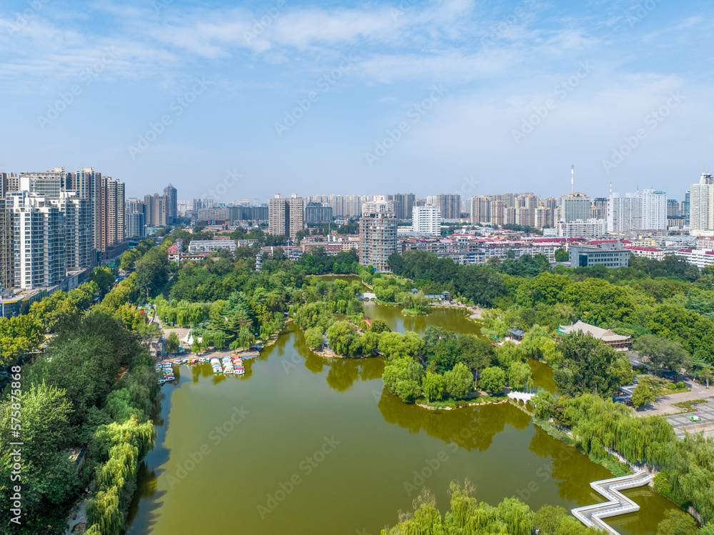 Aerial photography of Chang'an Park and Longquan Tower in Chang'an District, Shijiazhuang City, Hebei Province, China