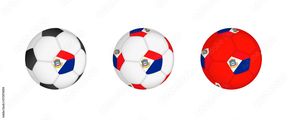 Collection football ball with the Sint Maarten flag. Soccer equipment mockup with flag in three distinct configurations.