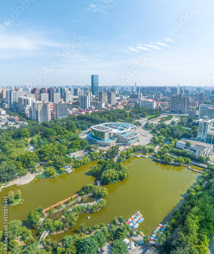 Aerial photography People's Hall of Chang'an Park, Chang'an District, Shijiazhuang City, Hebei Province, China