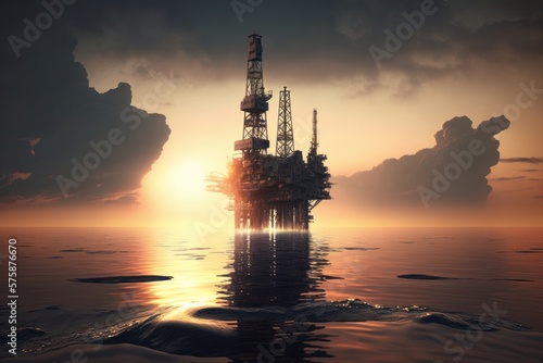 Industrial oil rig on an ocean as a digital illustration (Generative AI)