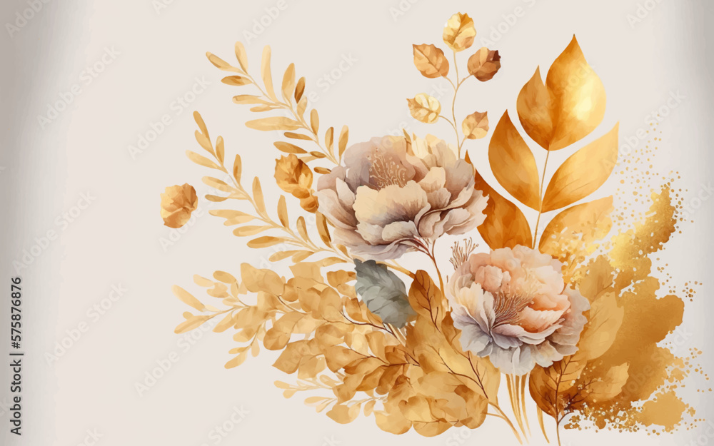 Abstract background watercolor gentle gold flower and gold splash and white background. gold and white watercolor flower art.	 - obrazy, fototapety, plakaty 