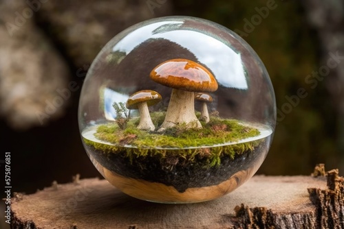 Mushrooms growing in a glass sphere, Generative AI