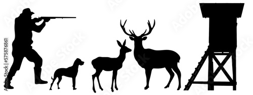 Set Wildlife forest landscape hunt hunting hobby background banner illustration vector for logo - Black silhouette of hunter perch stand, deer, dog and hunter, isolated on white background