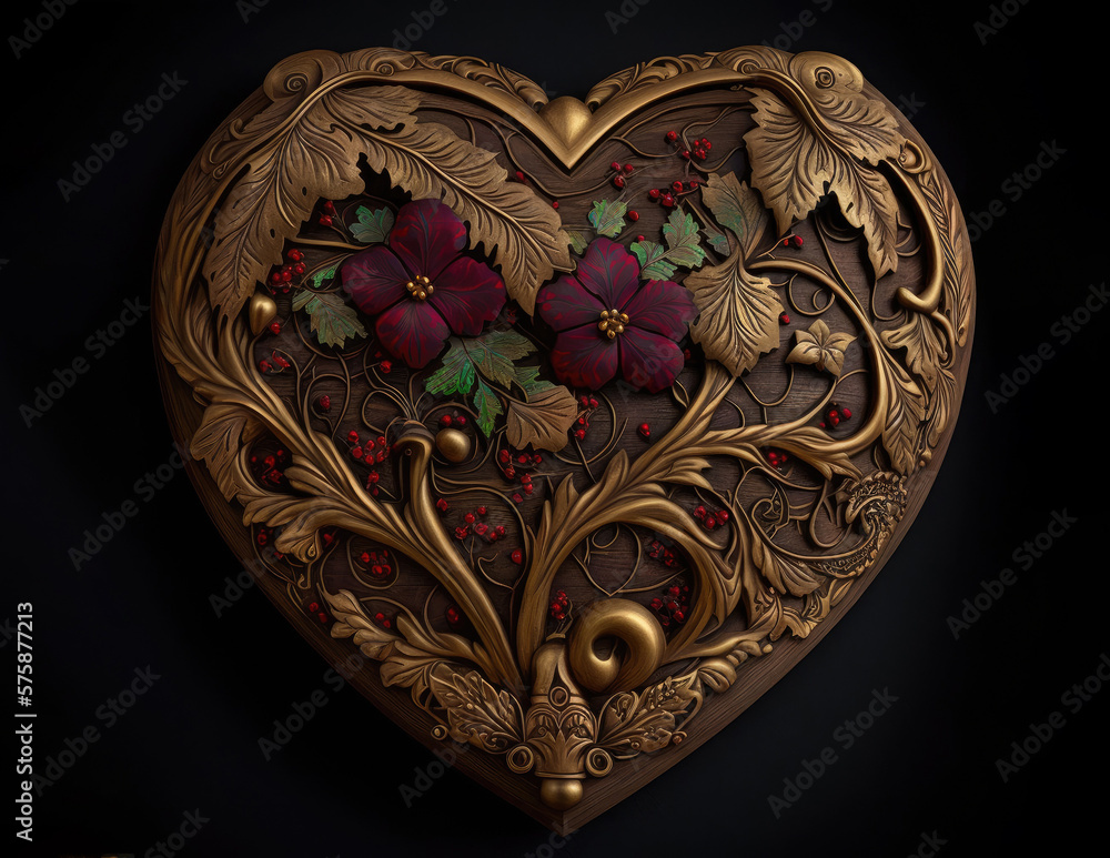Floral heart carved out of wood and gold, Generative AI