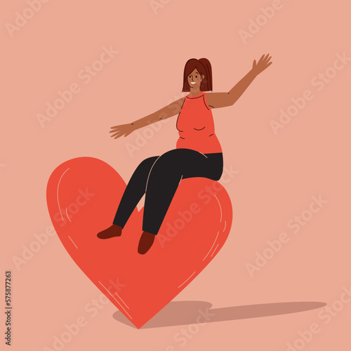 Woman sits astride a huge heart and waves her hands in a friendly manner. Girl power. Love concept. Woman sitting on a heart. Women international day. 8 march card. Happy Mother's day illustration