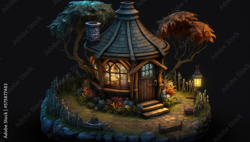 Old witch or wizard spooky creepy fantasy haunted cottage small scary magic house in mysterious ancient woods scene dark night forest background. AI generative illustration.