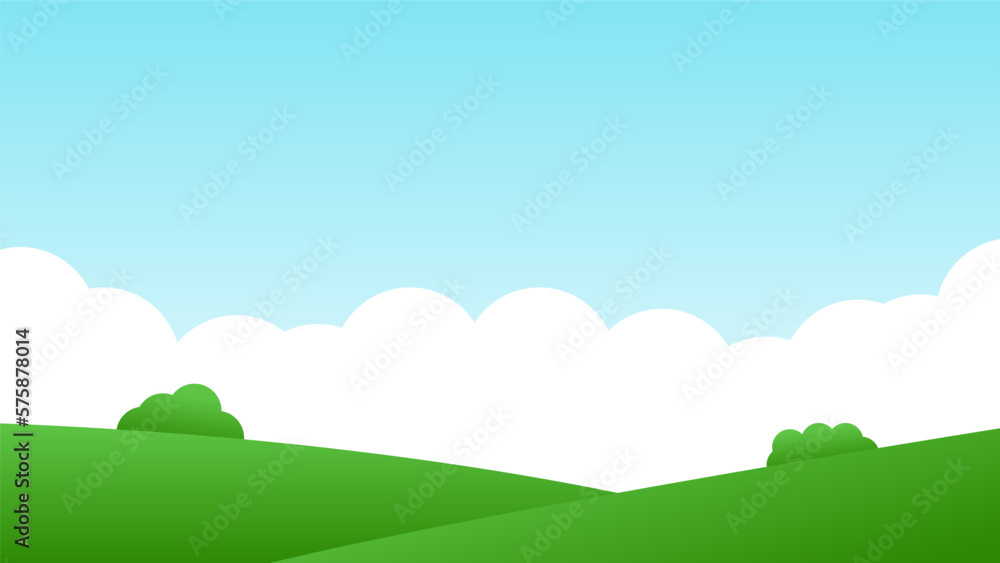 landscape cartoon scene. green field with bush on hill and summer clear blue sky with white cloud