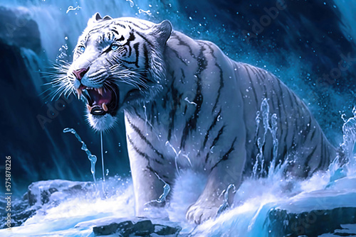 White tiger in snow background wallpaper created with Generative AI technology