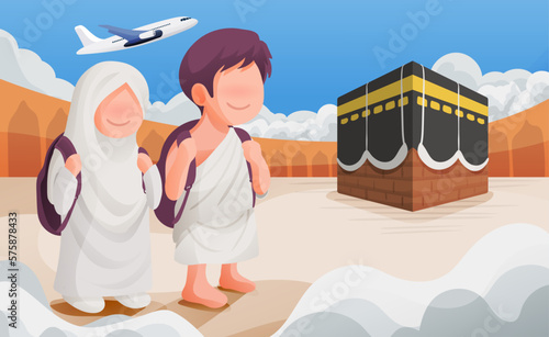Muslim couple with backpack ready to travel Islamic Hajj Pilgrimage wear ihram clothes with kaaba and airplane background