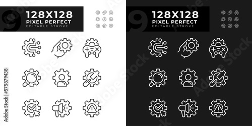 Gears pixel perfect linear icons set for dark, light mode. Account personalization. Digital system settings. Thin line symbols for night, day theme. Isolated illustrations. Editable stroke