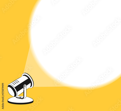 Spotlight is glowing on wall. Spotlight icon with light scattered rays. Projector with light beam. Cinema background with place for text. Projecting beam. Template for banner, brochure, flyer, poster.