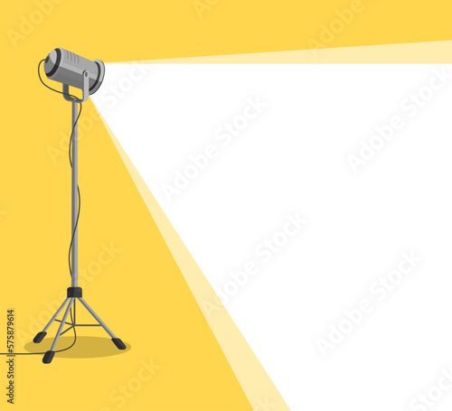 Silhouette of light lamp projector on tripod with scattered rays. Projecting a beam of spotlight is glowing on down. Cinema background. Template for festive banner, flyer, poster with place for text.