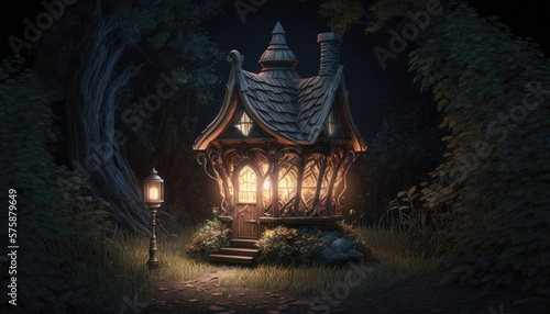 Old witch or wizard spooky creepy fantasy haunted cottage small scary magic house in mysterious ancient woods scene dark night forest background. AI generative illustration.