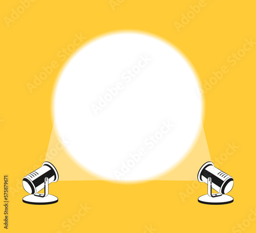 Two black spotlights shine beams on the wall. Cinema background. Lamp light projectors glowing with scattered rays. Projecting beam of light on futuristic scape with place for text. Cinema concept.