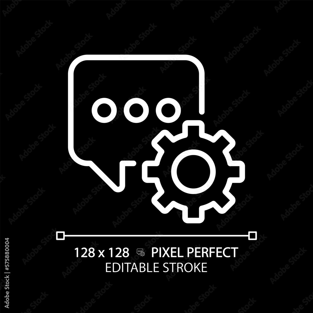 Message settings pixel perfect white linear icon for dark theme. Messenger app configurations. Chat bubble and gear. Thin line illustration. Isolated symbol for night mode. Editable stroke Message settings pixel perfect white linear icon for dark theme. Messenger app configurations. Chat bubble and gear. Thin line illustration. Isolated symbol for night mode. Editable stroke