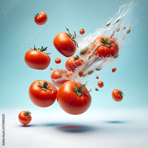 Red tomatoes dropped inside water. Generative AI. photo