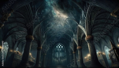 Obraz na płótnie Hogwarts castle school witchcraft wizardry old wizard room dark interior fantasy ceiling background in dramatic gothic scene style magic creepy background