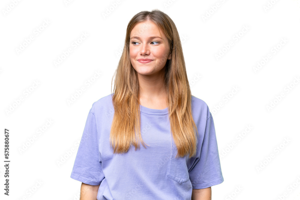 Young beautiful woman over isolated background having doubts while looking side Young beautiful woman over isolated background having doubts while looking side