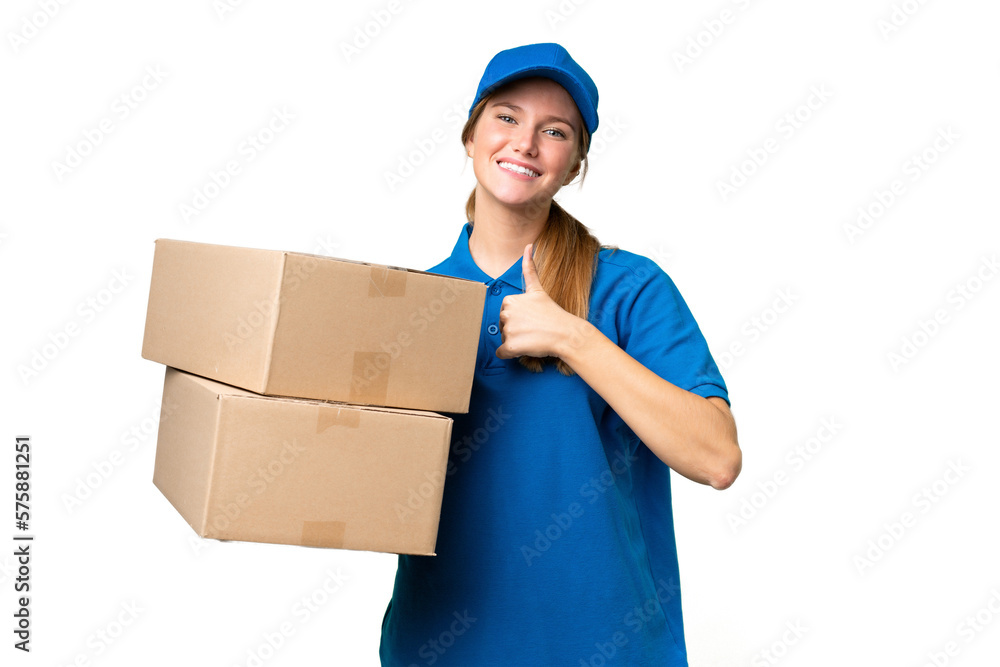 Delivery caucasian woman over isolated background giving a thumbs up gesture Delivery caucasian woman over isolated background giving a thumbs up gesture