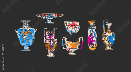 Hand drawn vector abstract outline,graphic,contemporary art greek ancient sculpture ols vase line modern drawing set.Antique classic ancient vase in trendy style,outline design concept.Vase art set.
