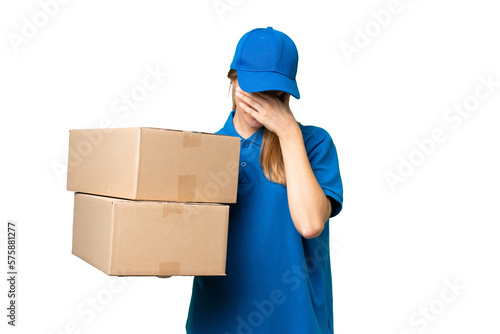 Delivery caucasian woman over isolated background with tired and sick expression