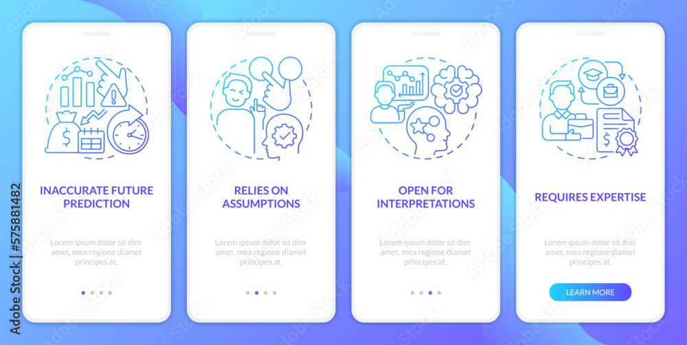 Economic indicators disadvantages blue gradient onboarding mobile app screen. Walkthrough 4 steps graphic instructions with linear concepts. UI, UX, GUI template. Myriad Pro-Bold, Regular fonts used