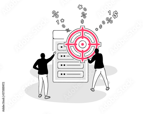Illustration of a DDoS attack symbol with two hackers flooding a targeted server with internet traffic.