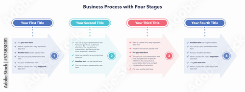 Infographic for business process with four colorful stages. Flat template with four arrows and place for your content.