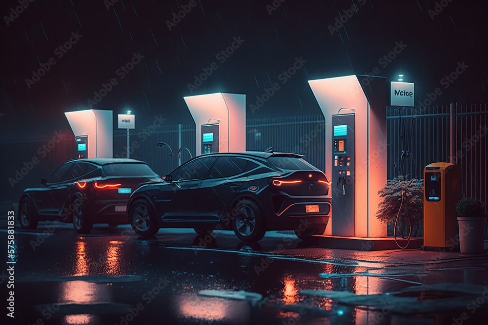 Electric Cars standing at night at charging station. AI generativ.