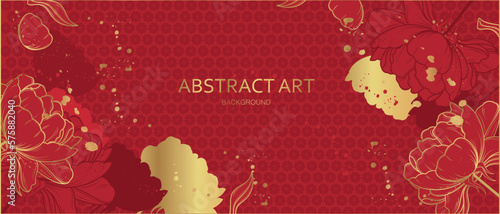 Vector poster with peony flowers on a red background. Chinese background. © daudau992