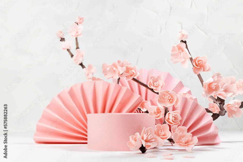 Spring cylinder podium mockup decorated of semicircle asian fans