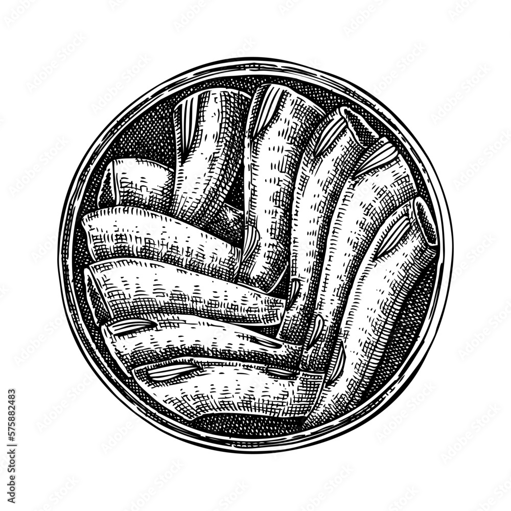 Vecteur Stock Hand drawn canned fish illustration. Sardines in olive